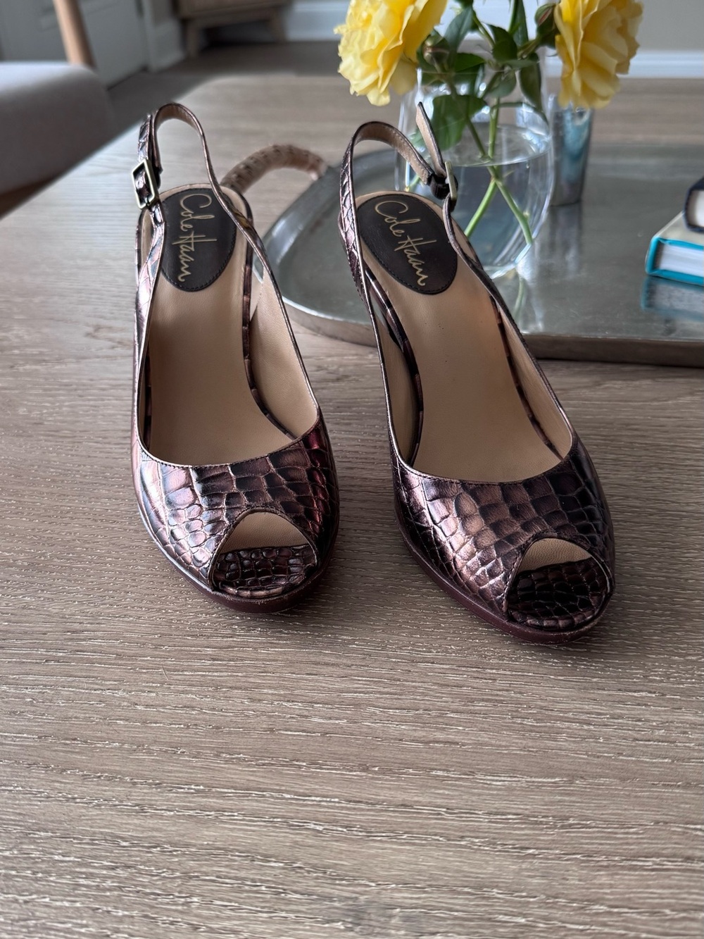 Cole Haan Metallic Bronze Peep-Toe Slingback Heels